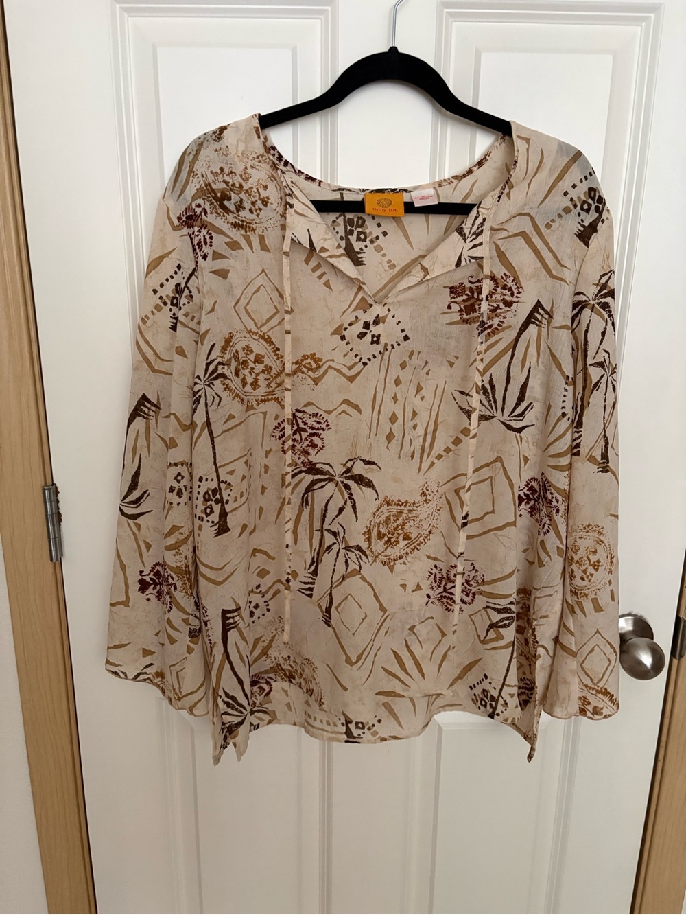Ruby Rd. Beige Printed Long-Sleeve V-Neck Blouse